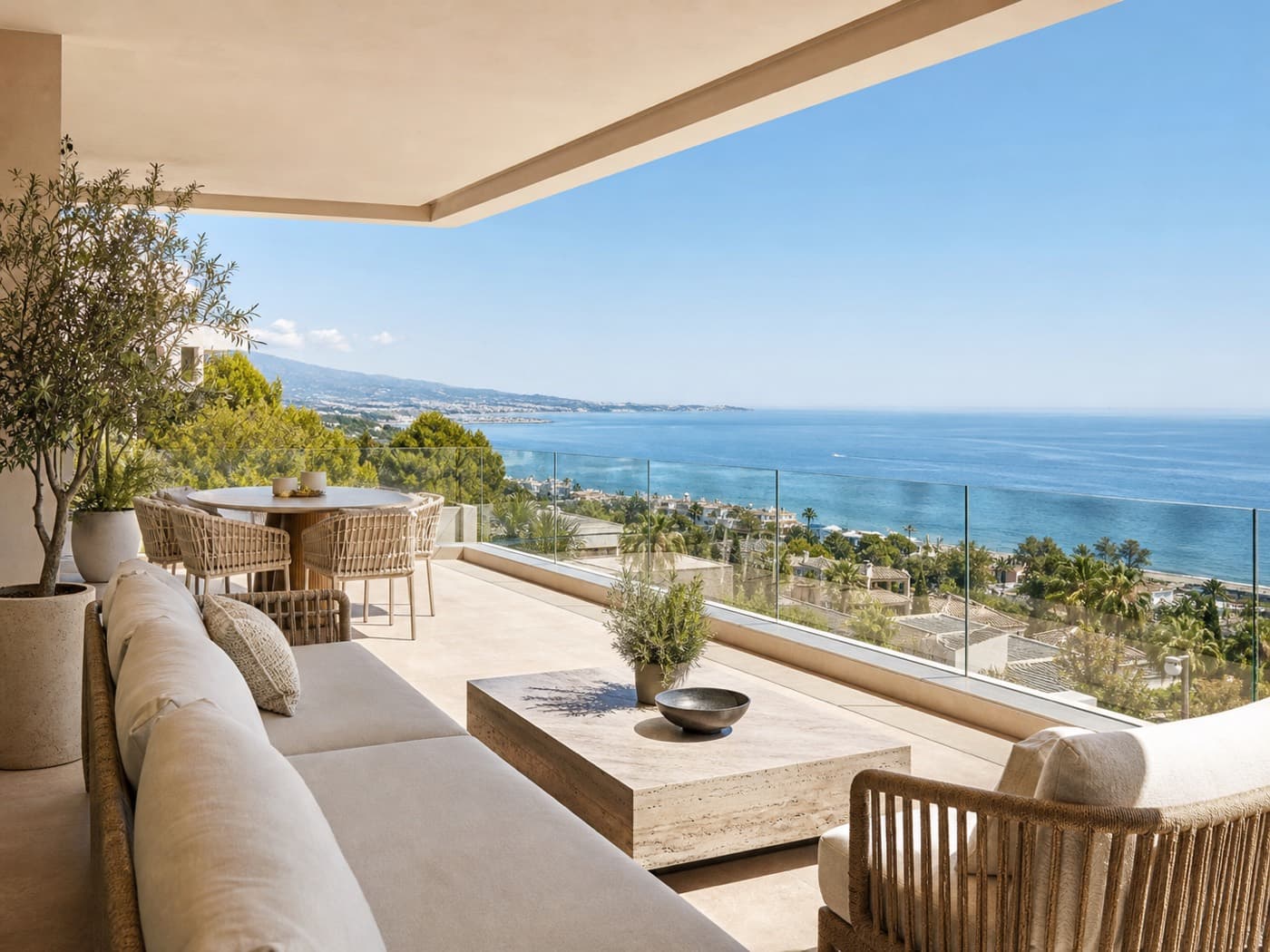 Terrace of a resale apartment looking out over the Costa del Sol coastline